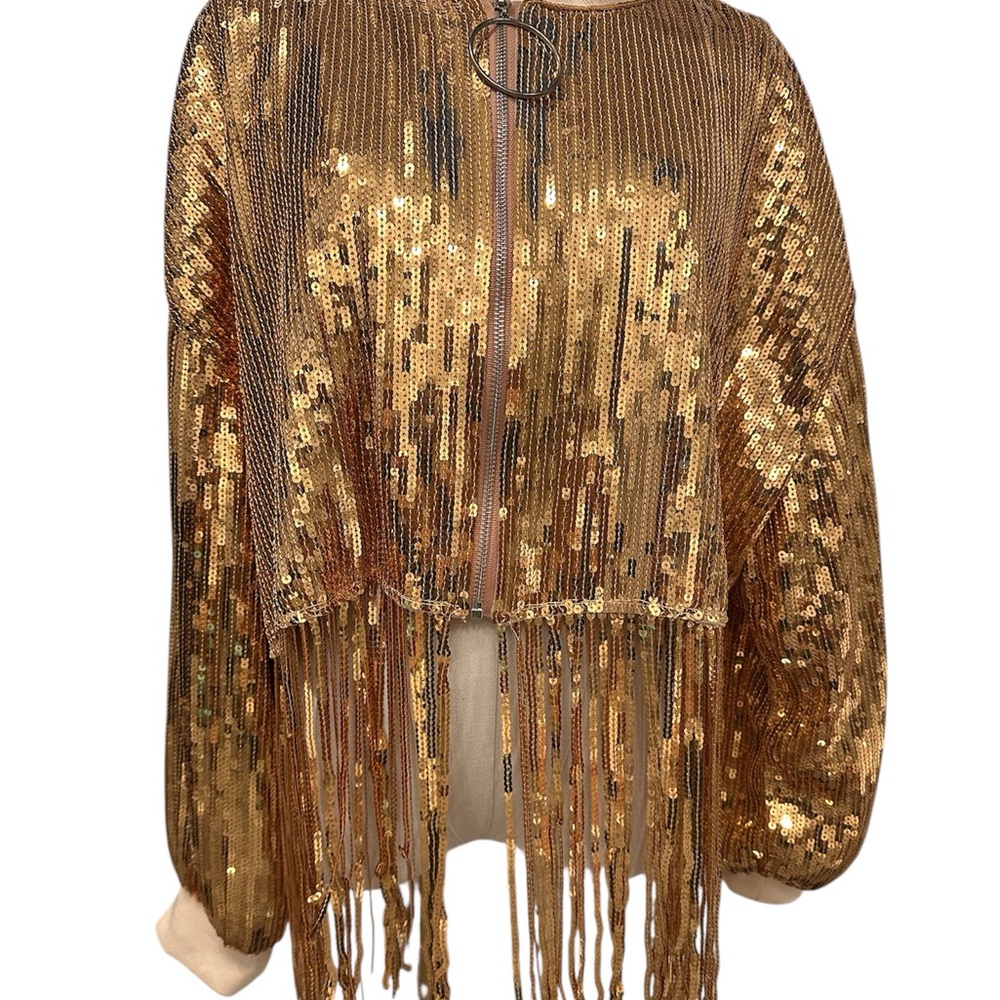 NIKKI LUND Oversize Sequins Fringe Hem Jacket in Gold L - Picture 2 of 11